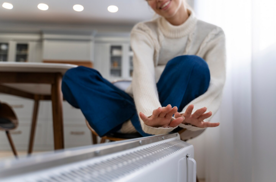 Frau setzt sich auf einen Stuhl und streckt ihre Hände in Richtung Heizkörper, um sich zu wärmen.